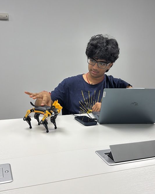 A teen programming a quadruped robot dog